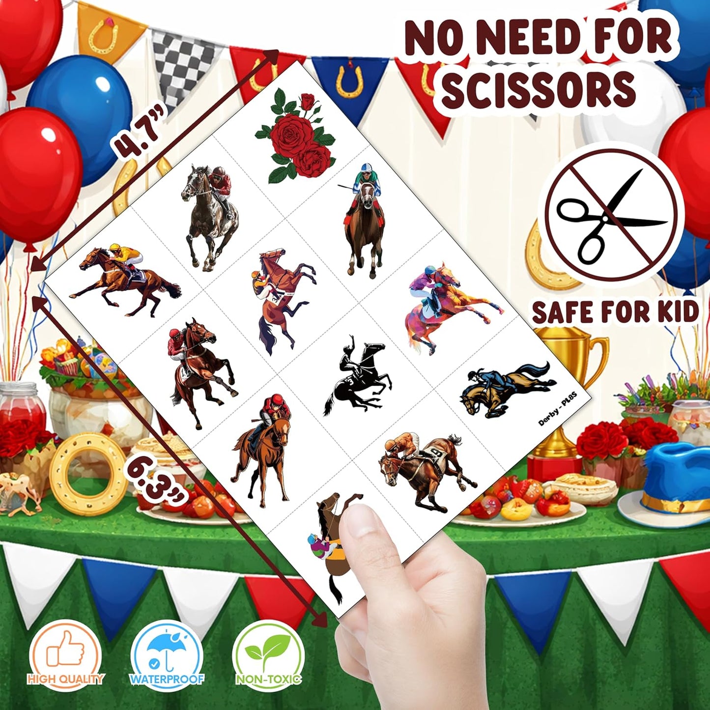 96 PCS Kentucky Derby Pre Cut Temporary Tattoos - Run For The Roses Horse Racing Fake Tattoos for Kids & Adults, Birthday Party Favors, Supplies & Classroom Prizes
