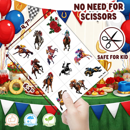 96 PCS Kentucky Derby Pre Cut Temporary Tattoos - Run For The Roses Horse Racing Fake Tattoos for Kids & Adults, Birthday Party Favors, Supplies & Classroom Prizes