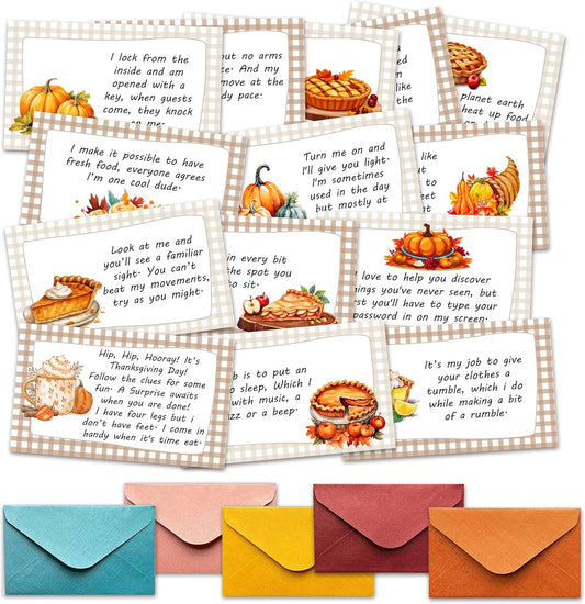 Autumn Treasure Hunt Clue Game, Thanksgiving Games Scavenger Hunt Cards, Indoor Outdoor Pumpkin Party Favors Thanksgiving Party Supplies, 14 Cards with Colorful Envelopes, 02