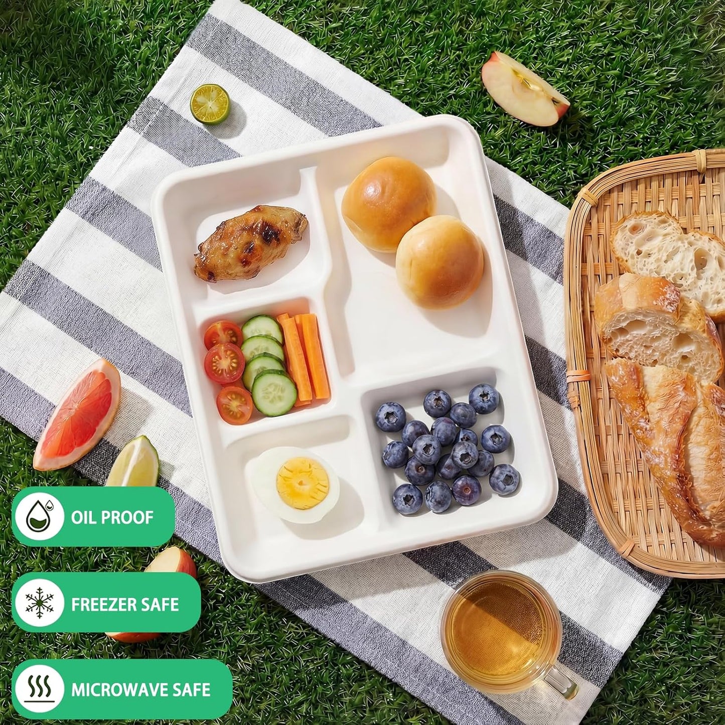 WELLIFE 100% Compostable 5 Compartment Paper Plates, 100 Pack Disposable School Lunch Trays Divided Plates for Adult Youth, 12.5 * 8.6 inch Heavy Duty Eco-Friendly Bagasse Plate for Buffet and Party