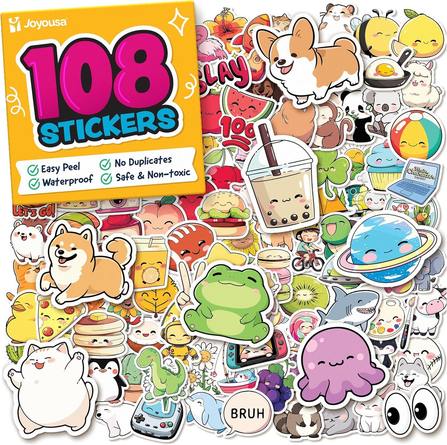 Cute Stickers for Kids - Kawaii Water Bottle Stickers for Teens - 108pc Sticker Pack - Waterproof Vinyl Stickers for Water Bottles, Scrapbook, Laptops, Etc.