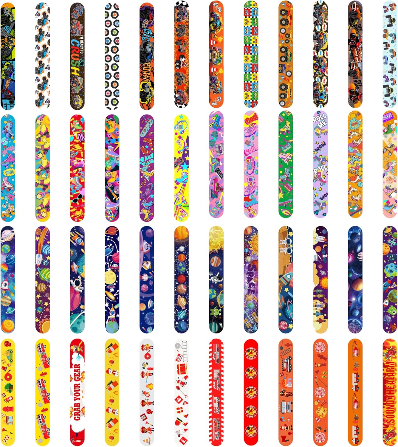 Slap Bracelets Party Favors 48Pcs Slap Bracelets Bulk Party Snap Bracelets Gifts for kids Butterflies,Space multi-themed School Classroom Prizes Exchange (B:Space,Trucks,Fire trucks,Roller skates)