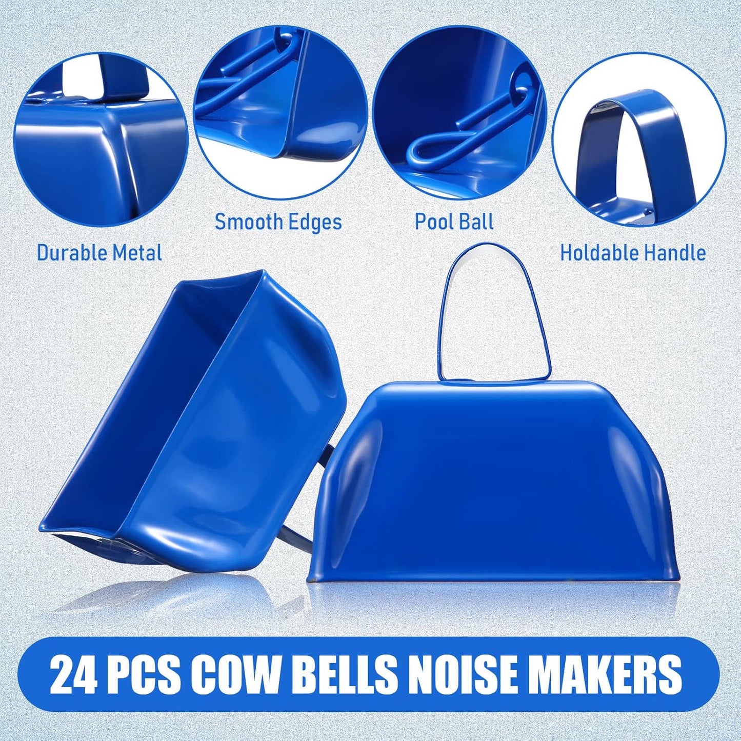 Zhengmy 24 Pcs Metal Cowbells Noisemakers with Handles, Cow Bells Noise Makers for Sporting Events 3 Inch Bulk Cheering for Football Baseball Games Team Wedding Celebrations(Blue)