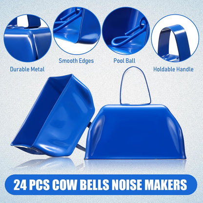 Zhengmy 24 Pcs Metal Cowbells Noisemakers with Handles, Cow Bells Noise Makers for Sporting Events 3 Inch Bulk Cheering for Football Baseball Games Team Wedding Celebrations(Blue)