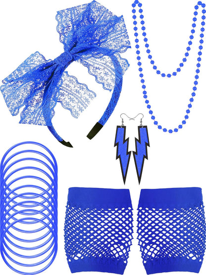 Blulu 80s Accessories Women Lace Headband Earrings Fishnet Gloves Necklace Bracelet for 80s Retro Party Halloween