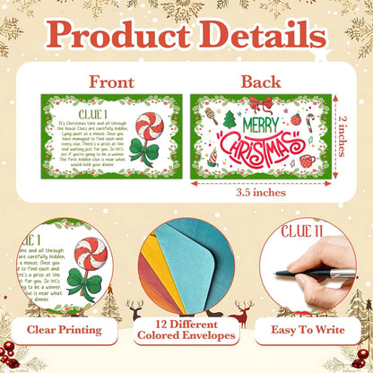 Christmas Scavenger Hunt Clue Cards, Xmax Scavenger Hunt Games for Adults, Winter Holiday Birthday Party Supplies Activities Outdoor Indoor(13 Clues Cards with Envelopes), 04