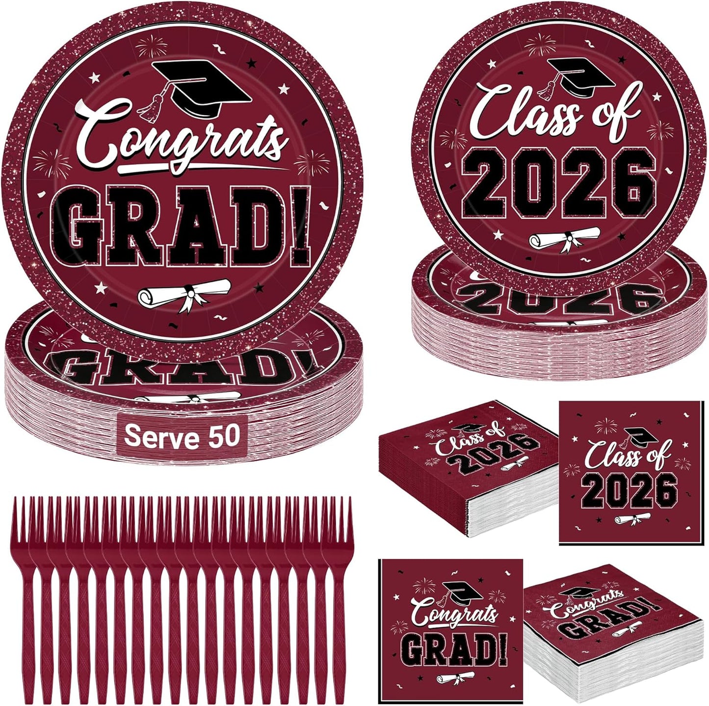 200Pcs Graduation Decorations 2026, Blue Graduation Plates and Napkins Party Supplies for 50 Guests, Disposable Grad Plates, Napkins, Dessert Plates and Forks for Grad Decor Wedding Birthday Supplies