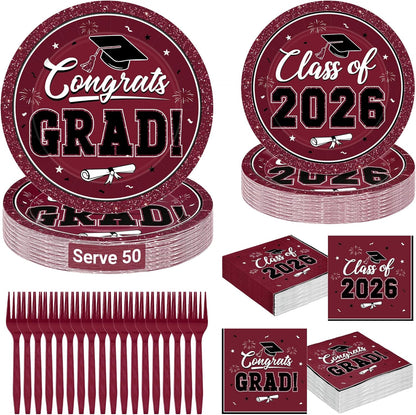200Pcs Graduation Decorations 2026, Blue Graduation Plates and Napkins Party Supplies for 50 Guests, Disposable Grad Plates, Napkins, Dessert Plates and Forks for Grad Decor Wedding Birthday Supplies