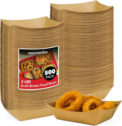 [250 Pack] Medium Disposable Brown Kraft Paper Food Trays, 1-Lb Concession Tray, Serving Boats for Party Snacks, Taco Bar, Seafood, Nachos Plates