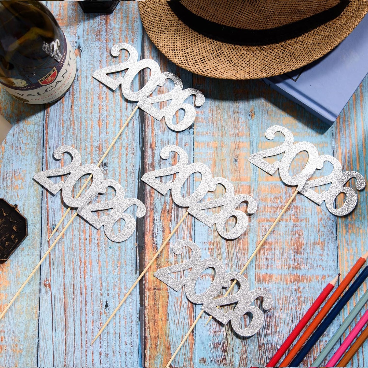 12 Pieces Glitter 2026 Centerpiece Sticks Black Double Sided 2026 Graduation Party Sticks 2026 Floral Picks Table Centerpiece Topper for 2026 Graduation New Year Party Decoration Supplies,4.9x9.1"