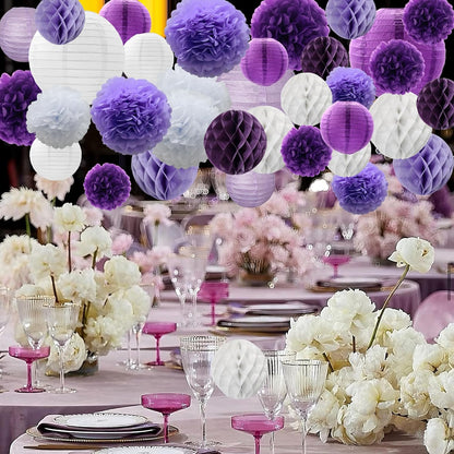 WOLHOWLTD Mermaid Theme Paper Decoration Set - 33 Pcs Paper Lanterns, Pompoms, Honeycomb Decorations for Mermaid Theme, Baby Shower,Wedding Rainbow Birthday Party Home Decoration(Pink Blue Purple)