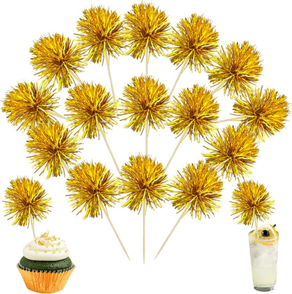 Ephlyn 30Pcs Foil Firework Cupcake Toppers Sparkle Tinsel Cupcake Picks Drink Stirrers Cocktail Food Fruit Toothpicks for Baby Shower Graduation Party Supplies White