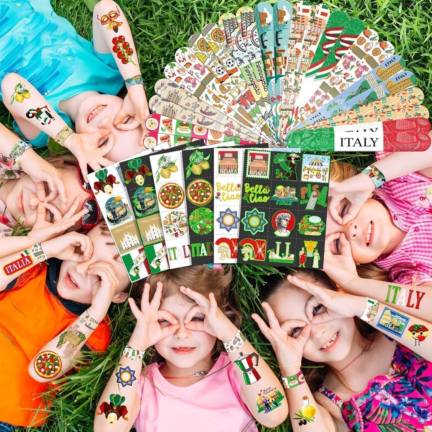 96 PCS Italy Party Favors Set – 72 Pre-Cut Tattoos & 24 Slap Bracelets, Perfect for Travel-Inspired Birthdays & Cultural Celebrations