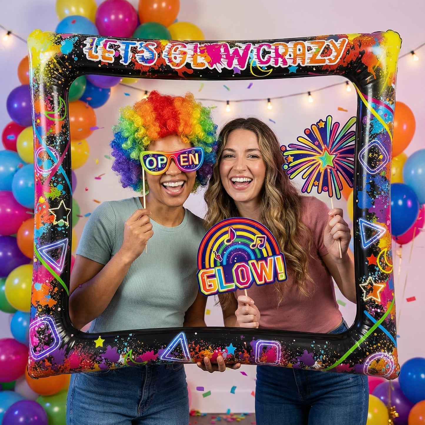 Hawaiian Photo Booth Props & Inflatable Frame, 30Pcs Luau Photobooth Props with Large Inflatable Inflatable Selfie Picture Frame for Summer Tropical Aloha Luau Party Selfie Supplies