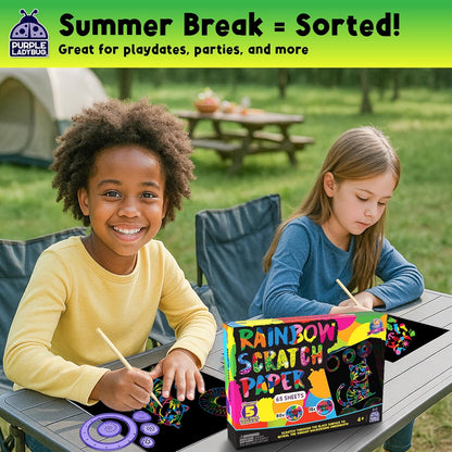 PURPLE LADYBUG Scratch Art for Kids - 150 Rainbow Scratch Art Mini Notes Arts and Craft Supplies, Crafts for Kids Ages 4-12, Mothers Day Note Cards, Kid Summer Activities for Camping & Summer Crafts