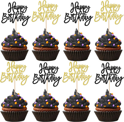 24 PCS Happy Birthday Cupcake Toppers Glitter Picks for Celebrating Anniversary Theme Party Cake Decorations Supplies Gold