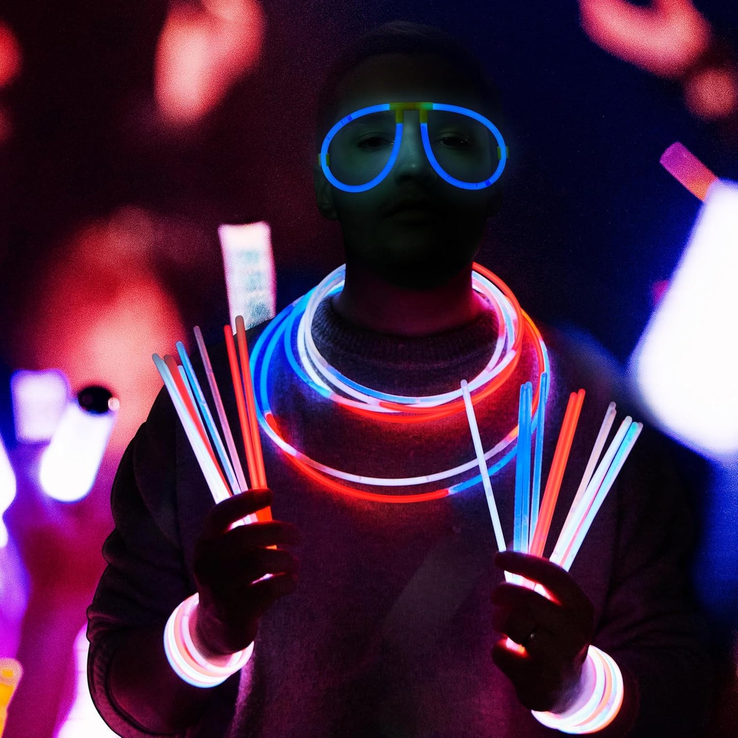 JOYIN 99 PCS 4th of July Patriotic Glow Sticks Glasses Bracelets, Kids Glow in the Dark Party Supplies, Red White and Blue Light Up Sticks LED Necklace Patriotic Accessories for Independence Day