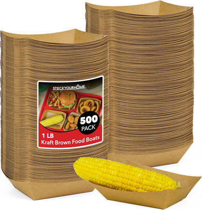 [250 Pack] Medium Disposable Brown Kraft Paper Food Trays, 1-Lb Concession Tray, Serving Boats for Party Snacks, Taco Bar, Seafood, Nachos Plates