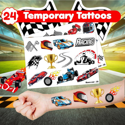 36PCS Race Car Party Favors for Kids - 24 Temporary Tattoos & 12 Stamps - Checkered Flag Themed Birthday Decorations, Goodie Bag Stuffers & Classroom Rewards for Boys