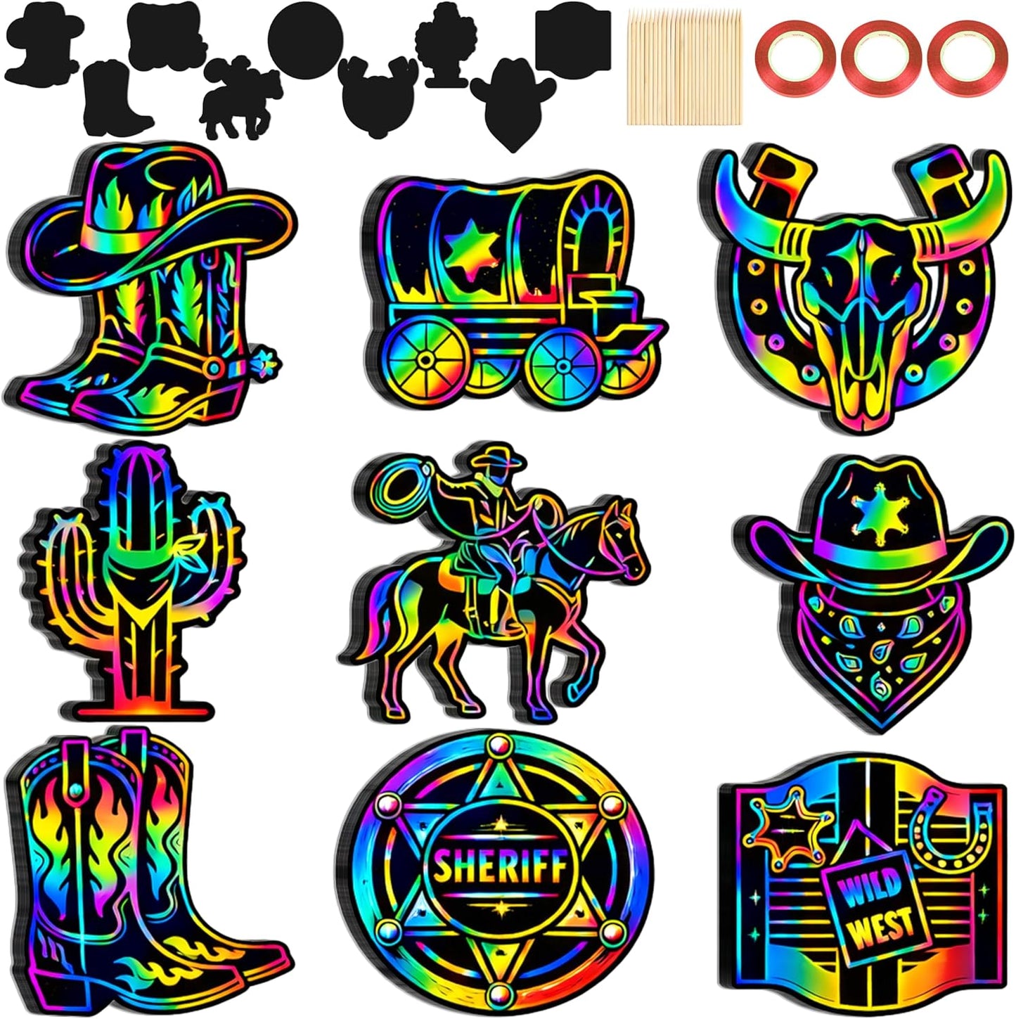 90shine 90 Pcs Western Cowboy Scratch Craft - DIY Rainbow Paper Cards Art Kit with Wooden Stylus for Rodeo Classroom Birthday Party Favors