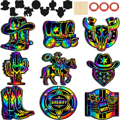 90shine 90 Pcs Western Cowboy Scratch Craft - DIY Rainbow Paper Cards Art Kit with Wooden Stylus for Rodeo Classroom Birthday Party Favors
