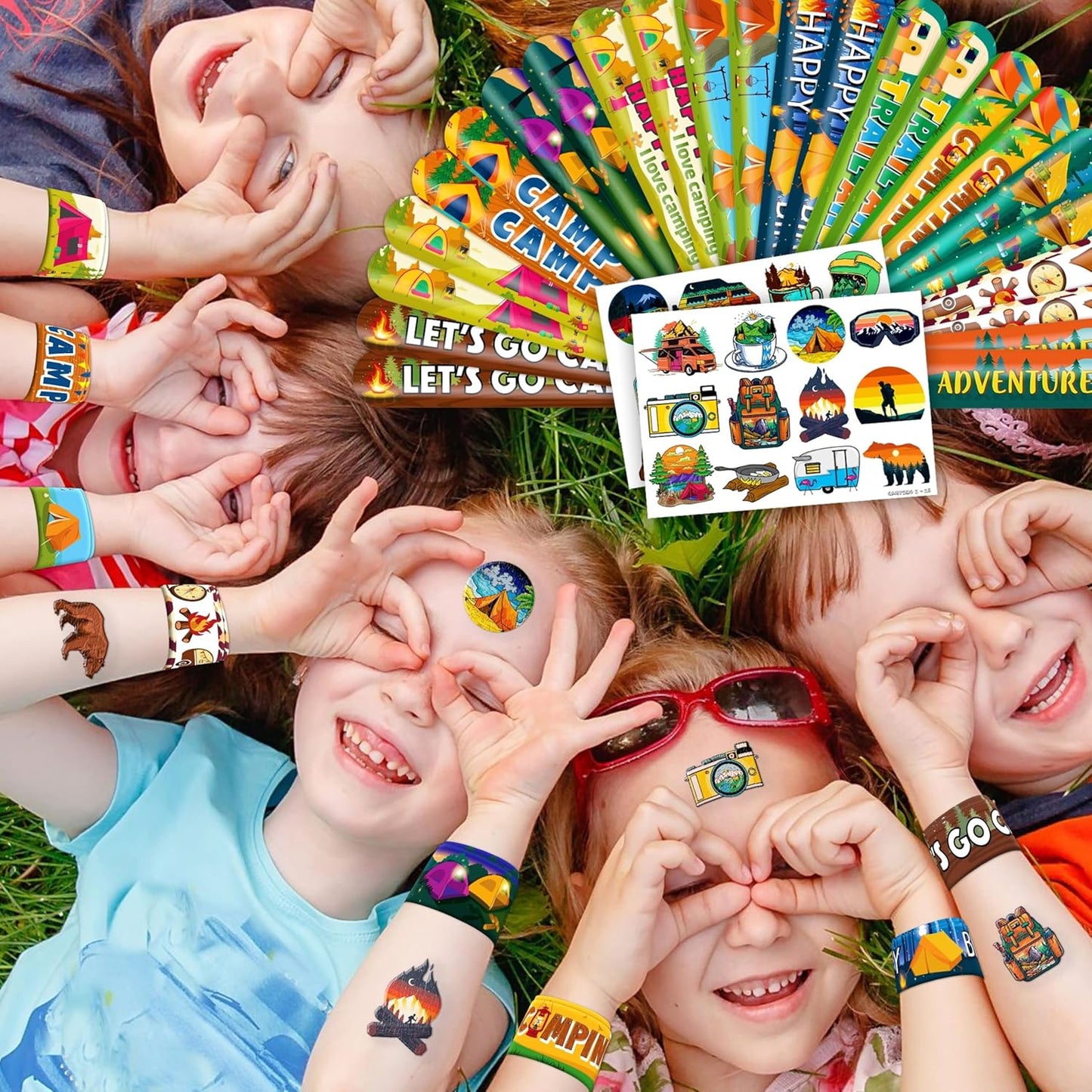 48 PCS Camping Party Favors 24PCS Tattoos Sticker 24PCS Slap Bracelets Wristbands Perfect for Camp Themed Birthday Baby Showers or Classroom Rewards Ideal Decor and Gifts for Girls Boys (Camping 2)