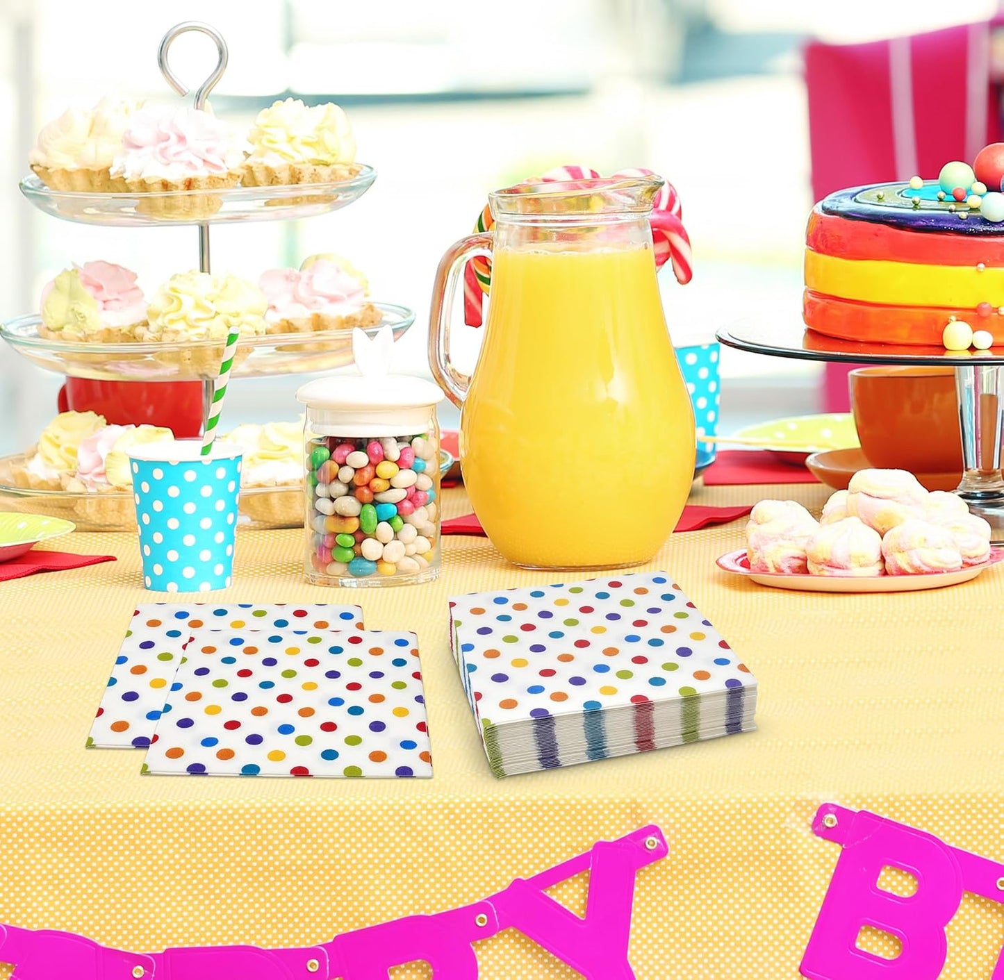 Gift Boutique 100 Rainbow Dot Cocktail Beverage Napkins Disposable Paper Colorful Polka Dots Dessert Napkin for Spring Carnival Festival Holiday Bridal & Baby Shower Tableware Party Supplies