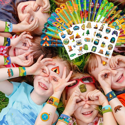 48 PCS Camping Party Favors 24PCS Tattoos Sticker 24PCS Slap Bracelets Wristbands Perfect for Camp Themed Birthday Baby Showers or Classroom Rewards Ideal Decor and Gifts for Girls Boys (Camping 2)