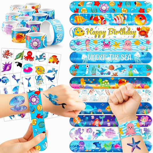 72 PCS Ocean Party Favors - 48 Temporary Pre-Cut Tattoos & 24 Slap Bracelets - Party Favors for Boys & Girls, Birthday Goodie Bag Fillers, Baby Shower Gifts, Classroom Rewards