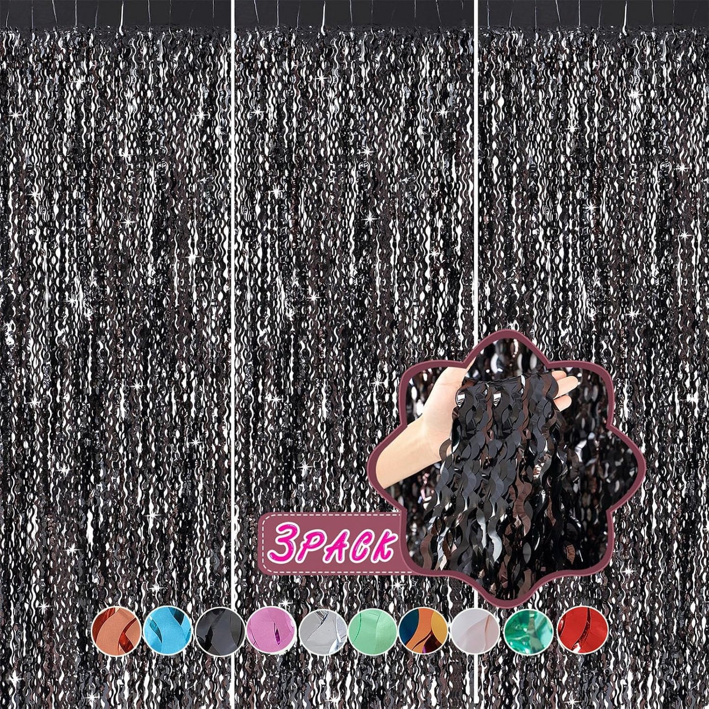 3 Pack Colorful Foil Fringe Curtain Backdrop - 6.6 x 3.3 ft Wavy Rainbow Tinsel Backdrop Curtain Metallic Streamers Iridescent Holiday Photo Booth Party Decorations