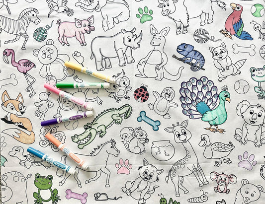 Animal Fun Design – Square Tablecloth 60”X60” – Interactive Coloring Tablecloth for Kids - Poly/Cotton Fabric – Washable and Reusable – DIY Activity for Children and Adults