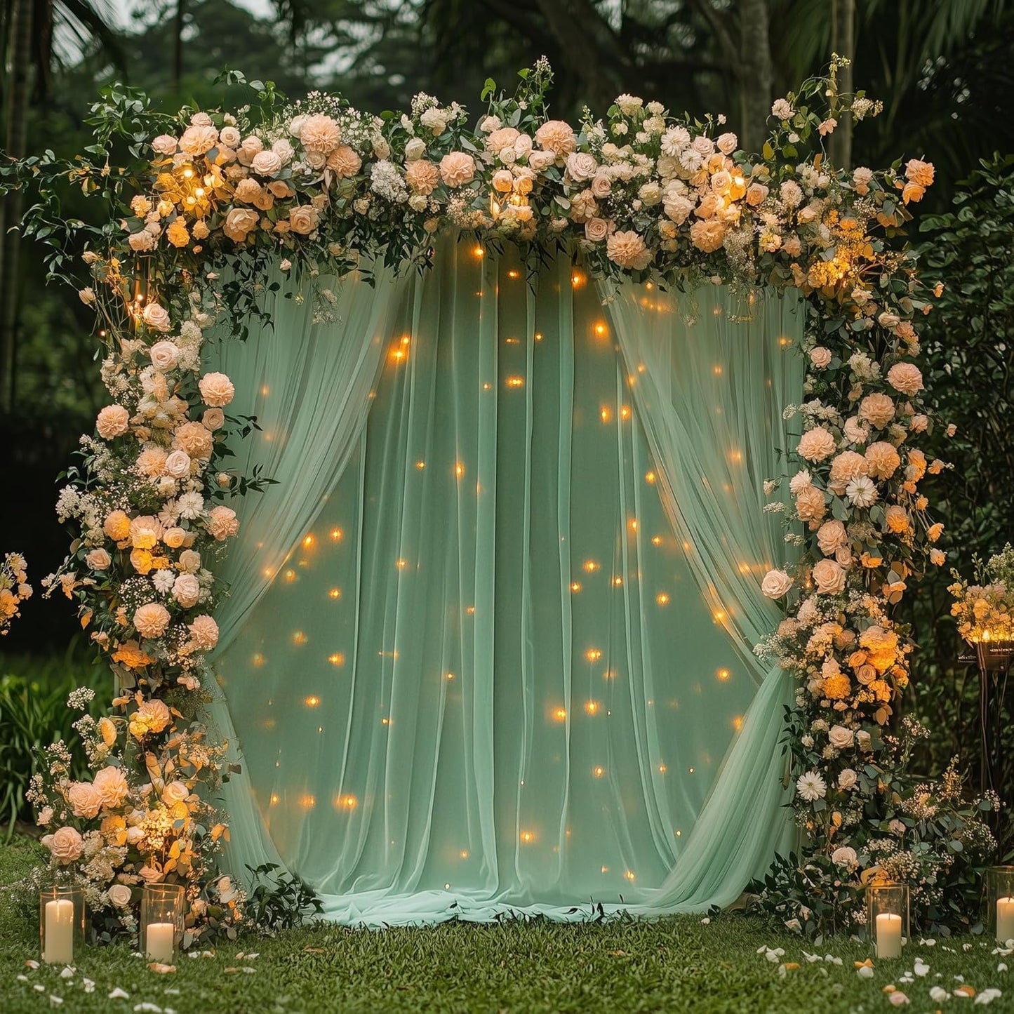 Fomcet Tulle Backdrop Curtains with Lights String White 10FT X 8FT Sheer Curtain with Lights Tulle Curtains Backdrop for Wedding Birthday Party Baby Shower Photo Shoot (2 Panels 5x8FT)