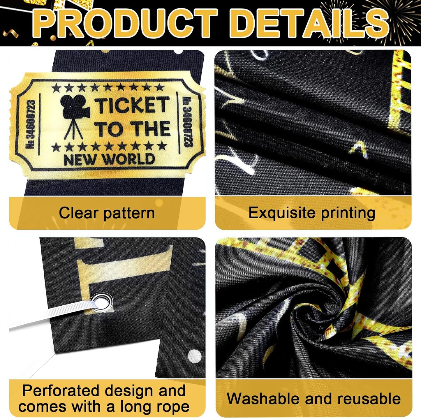 Graduation Decorations Class of 2026 Graduation Party Photo Booth Prop Black Gold Movie Background Congrats Grad Backdrop Banner for Middle High School College Party Decorations