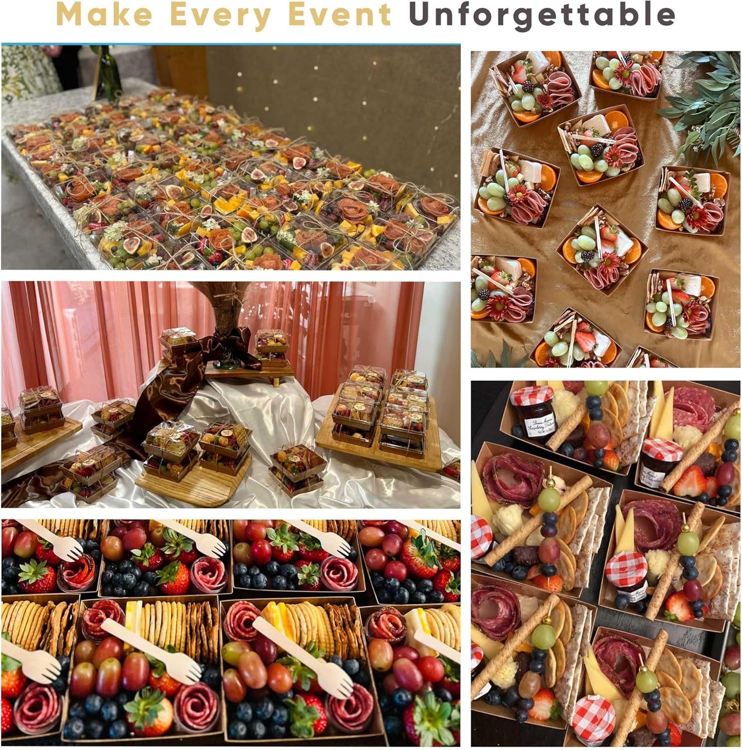 Leafiew 50 Pack Small Charcuterie Boxes with Clear Lids - To Go Paper Mini Charcuterie Box, Disposable Food Containers, 5Inch Dessert Boxes - Sandwich, Cookie, Sushi, Cake Slice, Strawberries (Brown)