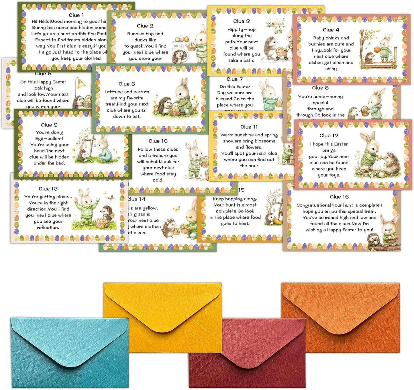 Rainfly Easter Scavenger Hunt, Indoor Clue Card Games, Bunny Treasure Hunt Clues Cards, Easter Party Games for Family Adults, Holiday Party Activities Supplies (16 Clues Cards With Envelopes) -A01