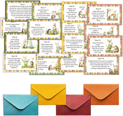 Rainfly Easter Scavenger Hunt, Indoor Clue Card Games, Bunny Treasure Hunt Clues Cards, Easter Party Games for Family Adults, Holiday Party Activities Supplies (16 Clues Cards With Envelopes) -A01
