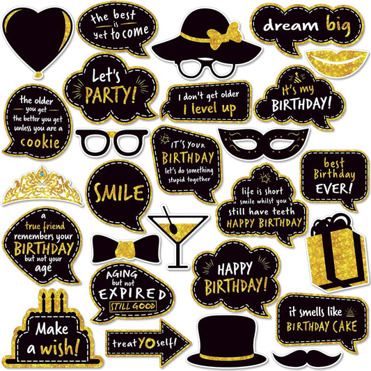 Premium Birthday Photo Booth Props Kit - 54 pc, Multicolored - Happy Birthday Party Fun Photobooth Selfie Accessories - for Adults & Kids - Funny Photoshoot w/Friends - by PixiPy