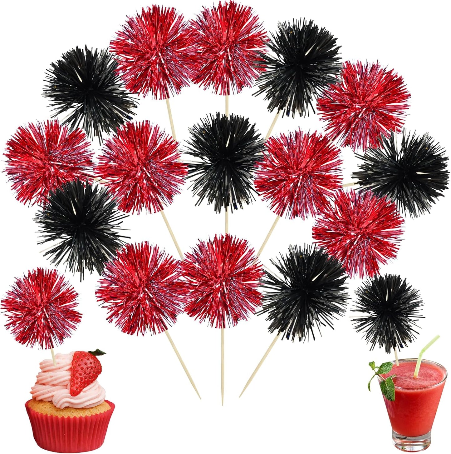 Ephlyn 30Pcs Foil Firework Cupcake Toppers Sparkle Tinsel Cupcake Picks Drink Stirrers Cocktail Food Fruit Toothpicks for Baby Shower Graduation Party Supplies White