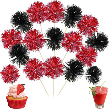Ephlyn 30Pcs Foil Firework Cupcake Toppers Sparkle Tinsel Cupcake Picks Drink Stirrers Cocktail Food Fruit Toothpicks for Baby Shower Graduation Party Supplies White