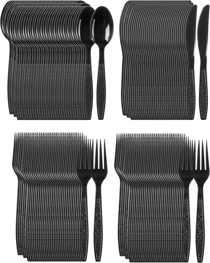 Heavy Weight Plastic Silverware Set - 200 Forks, 100 Knives, 100 Spoons - Disposable Cutlery Combo (Black)