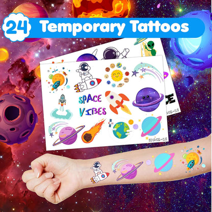 36PCS Space Party Favors - 24PCS Temporary Tattoos & 12PCS Stamps - Ideal Astronaut Galaxy Themed Birthday Card Decorations Supplies Goodie Bag Cute Rewards for Boys Girls Classroom Gifts Baby Shower