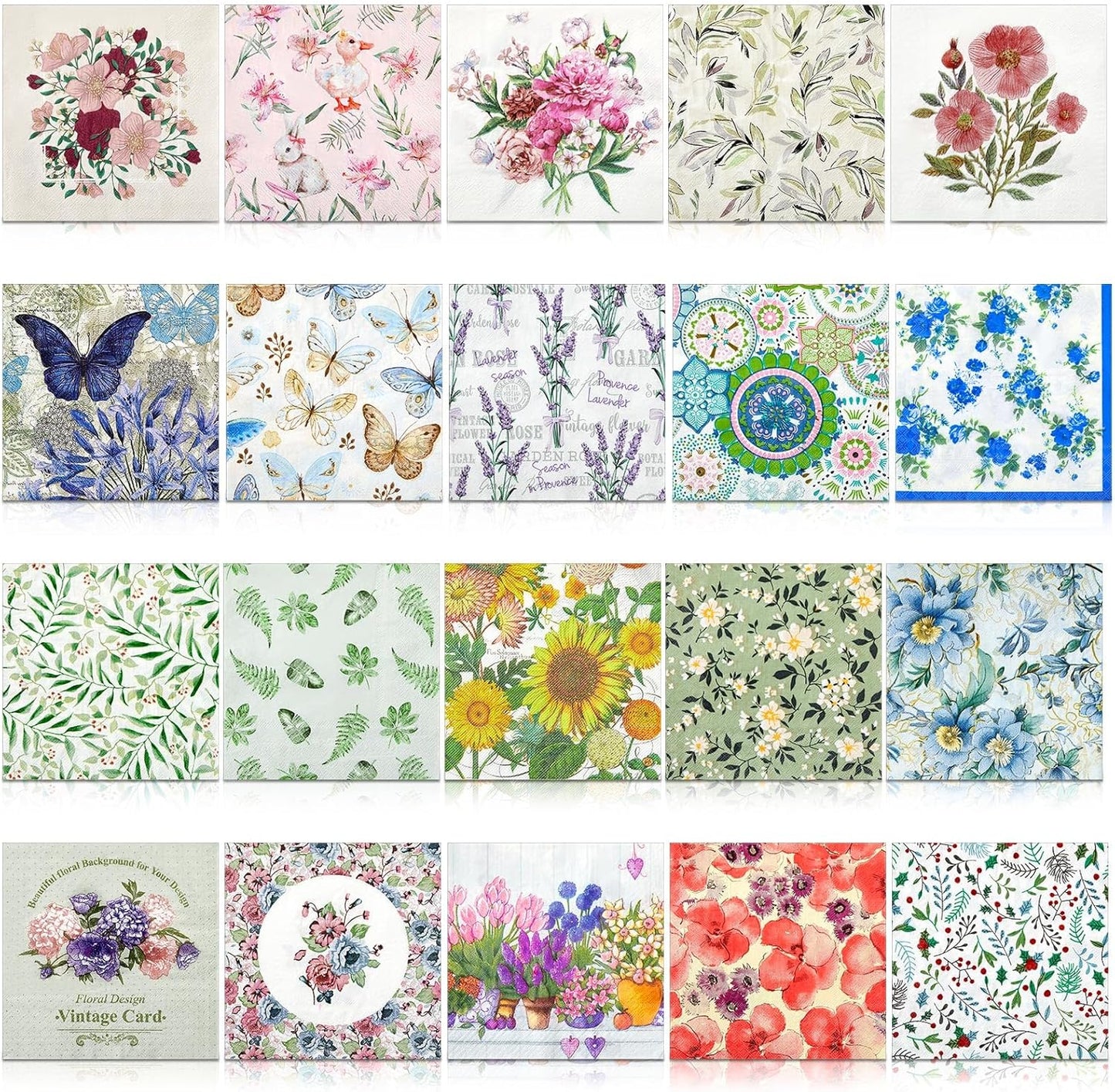 Crtiin 20 Pack Decoupage Napkins Floral Napkins Flower Cocktail Paper Decorative Toilet for Valentine's Day Birthday Party Beautiful Gorgeous, 20 Styles Each 6.5 Inches(Style 1)