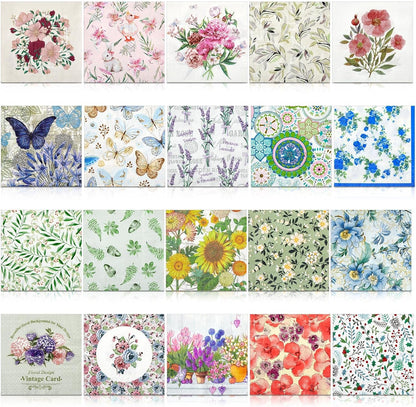 Crtiin 20 Pack Decoupage Napkins Floral Napkins Flower Cocktail Paper Decorative Toilet for Valentine's Day Birthday Party Beautiful Gorgeous, 20 Styles Each 6.5 Inches(Style 1)