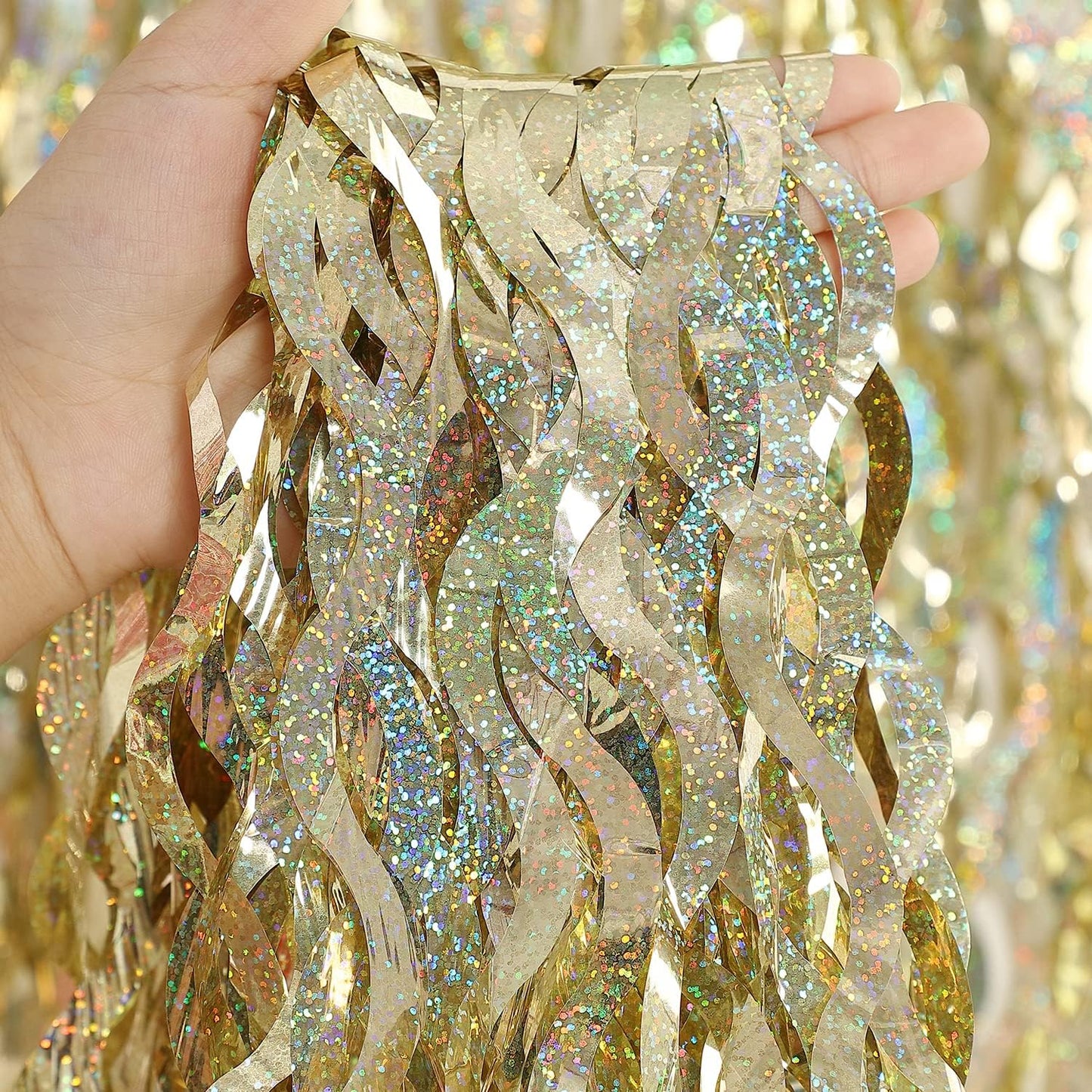 3 Pack Colorful Foil Fringe Curtain Backdrop - 6.6 x 3.3 ft Wavy Rainbow Tinsel Backdrop Curtain Metallic Streamers Iridescent Holiday Photo Booth Party Decorations