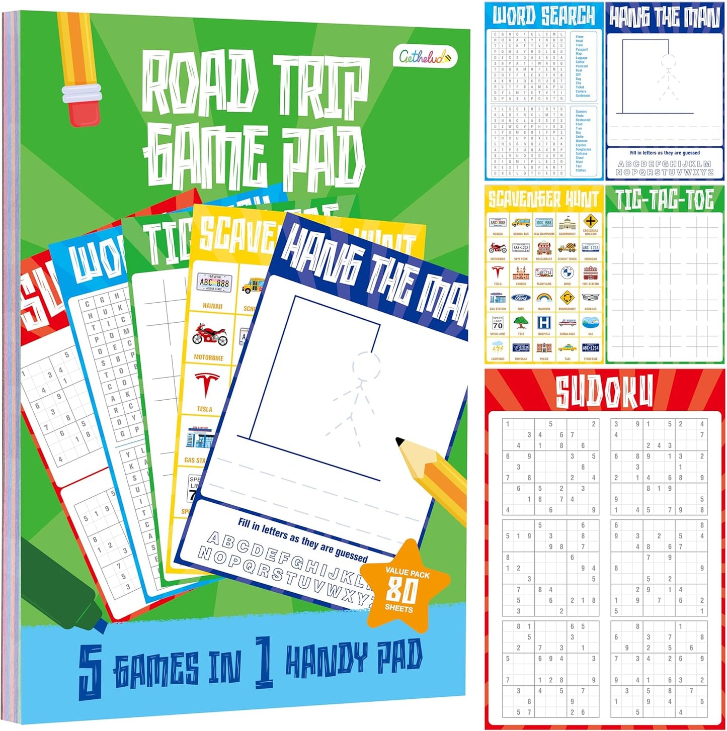 Road Trip Game Pad, 5 Games in 1 (Farm Animals, Car Colors, Buildings, Traffic Signs, Vehicles Scavenger Hunt Bingo), Pen Pencil Paper Game, Plane Trip/ Car Travel/Getaway Activity Pad for Kid, Adult