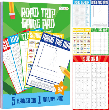 Road Trip Game Pad, 5 Games in 1 (Farm Animals, Car Colors, Buildings, Traffic Signs, Vehicles Scavenger Hunt Bingo), Pen Pencil Paper Game, Plane Trip/ Car Travel/Getaway Activity Pad for Kid, Adult