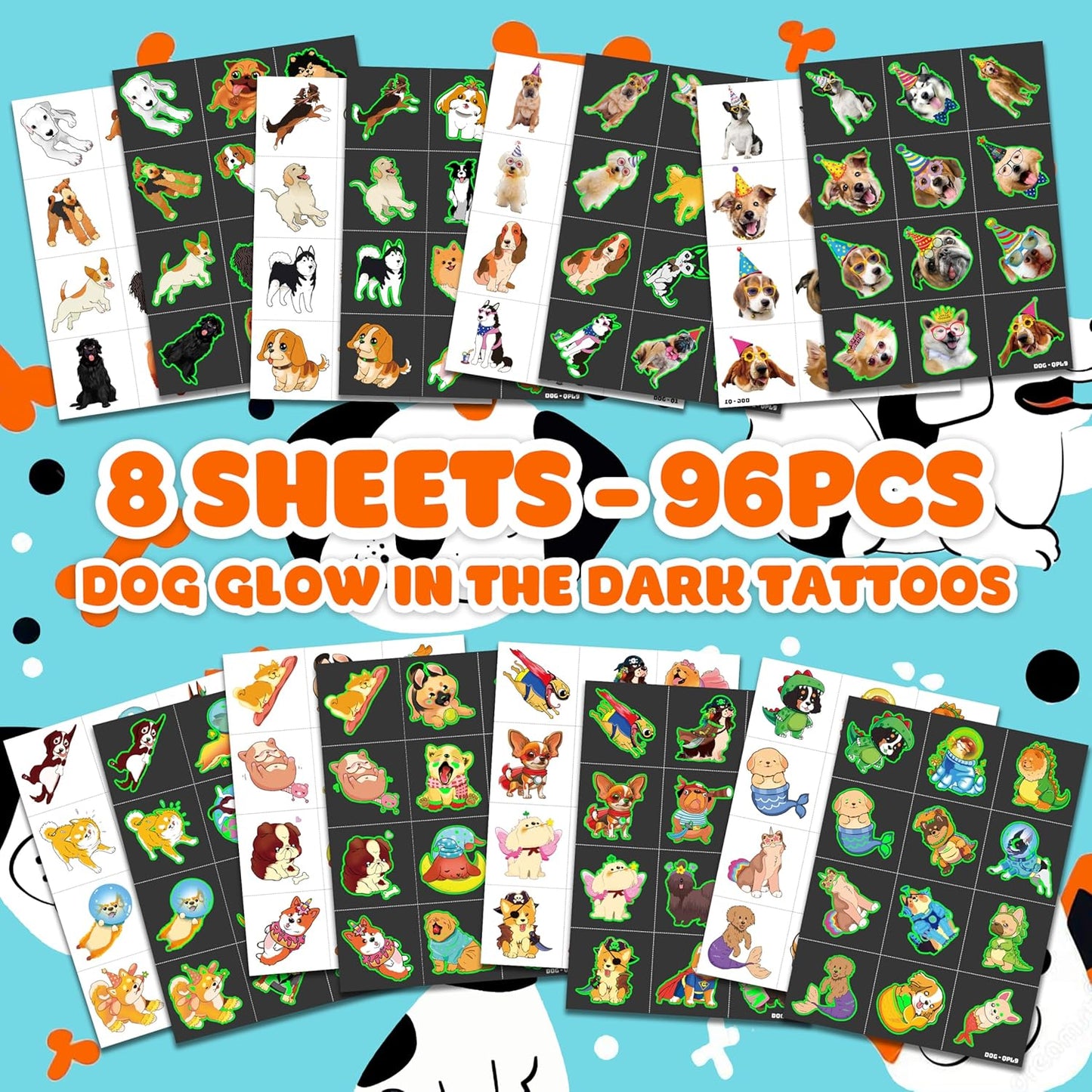 96 PCS Dog Pet Pre-Cut Temporary Tattoos for Kids | Super Cute First Themed Birthday Party Favors, Supplies, Decorations, Animal Fake Tattoo Stickers (Multiple)