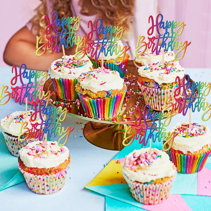 24 PCS Happy Birthday Cupcake Toppers Glitter Picks for Celebrating Anniversary Theme Party Cake Decorations Supplies Gold
