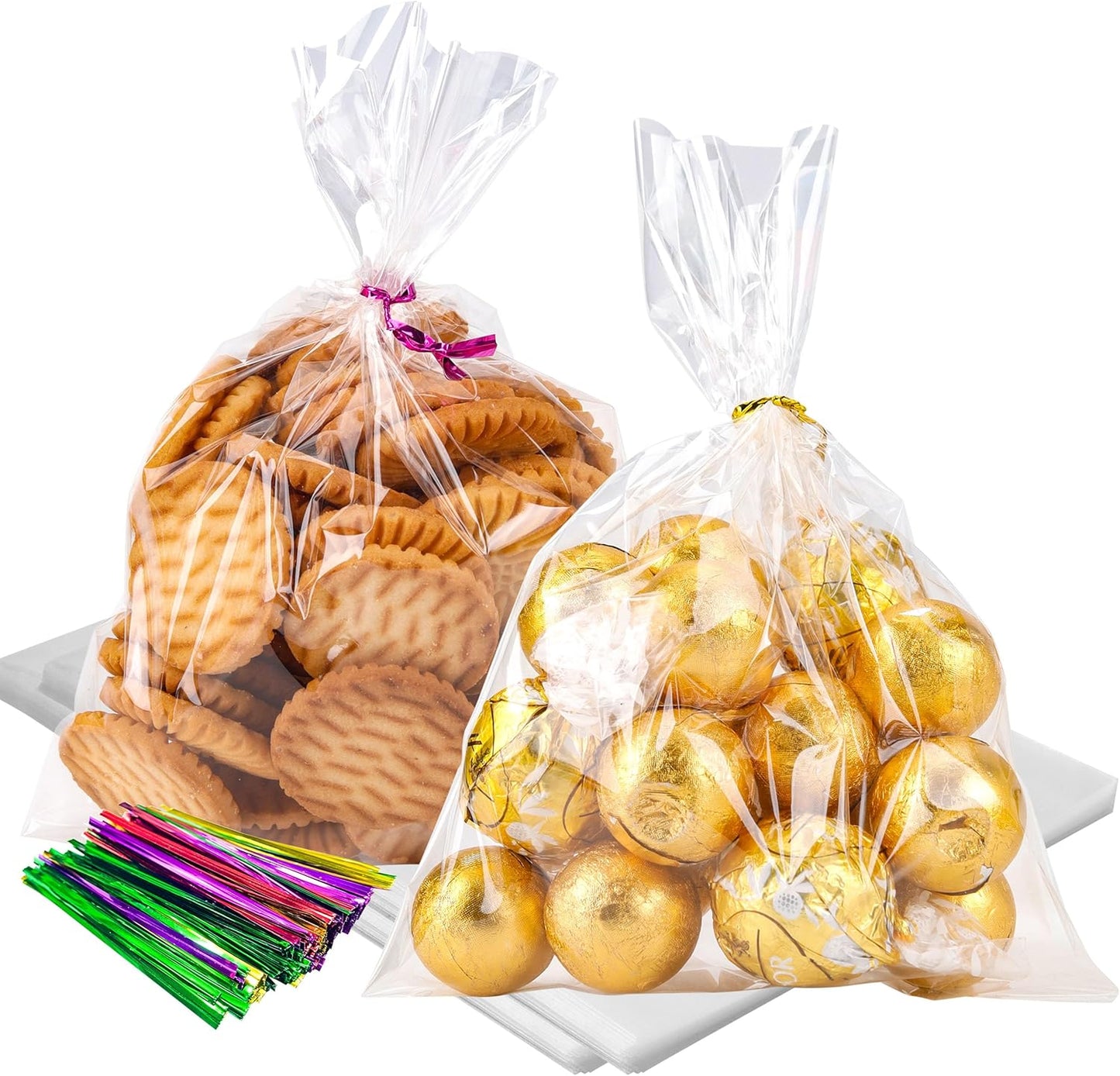 LOKQING Clear Cellophane Treat Bags 6 x 10 in, 100 Pack Mothers Day Gift Bags with Twist Ties, Bags for Cookies, Candy, Party Favors, Bakery Packaging and Small Gifts