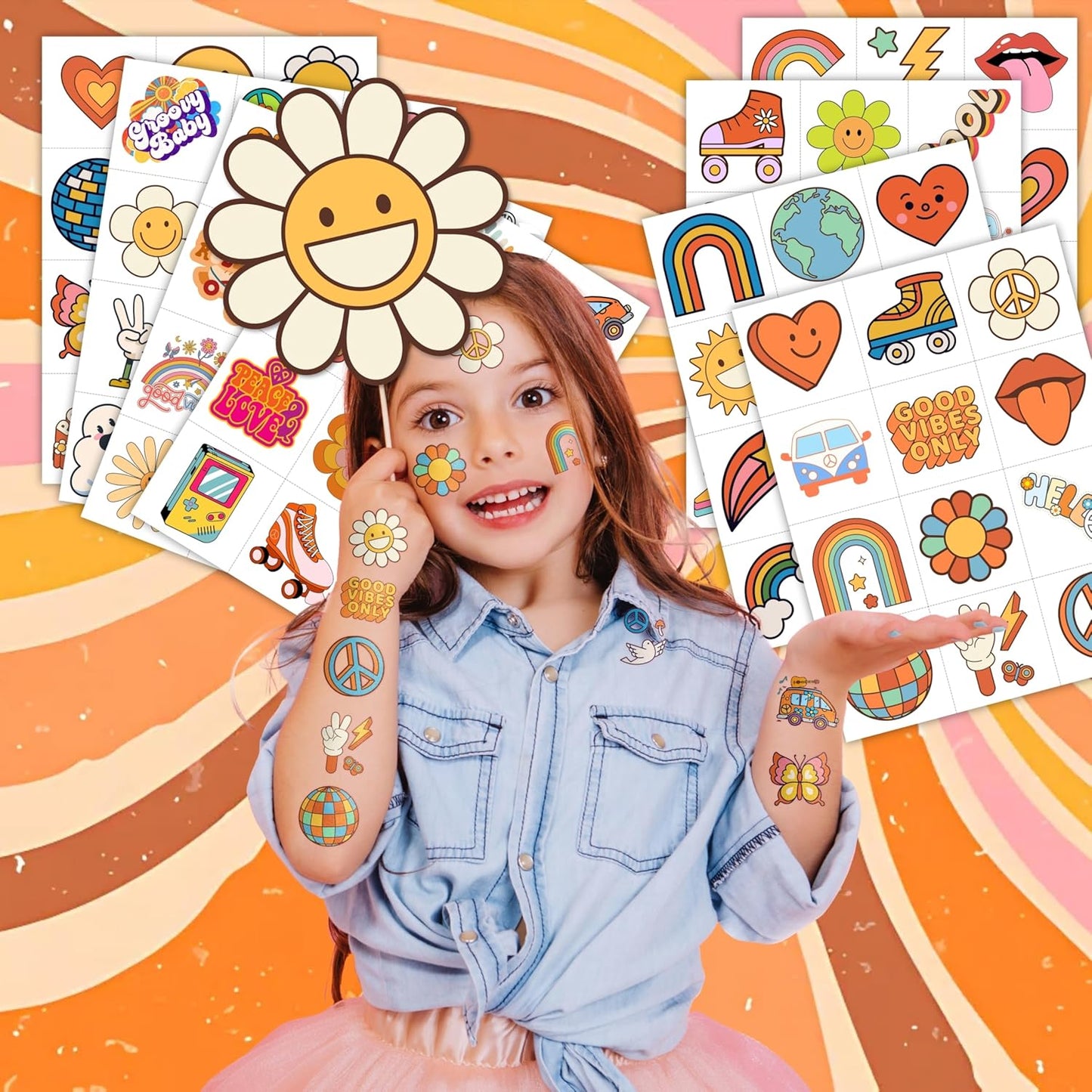 96PCS Groovy 70s Pre-Cut Temporary Tattoos - Retro Flower Power, Good Vibes Party Decorations & Favors | Cute Tattoos Stickers Gift for Kids, Boys & Girls, Prize Supplies (Normal)